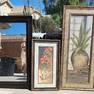 Set Of (4), Large Mirror, Black Frame, Flower Prints