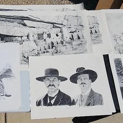 S. Ray Prints, Collection Of (14) Black & White Sketches With 7 Designs, Tombstone, Native American 