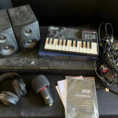 AKAI Synth Station Keyboard Controller, Netgear Switch, Scarlett Microphone, Afterglow Headphones