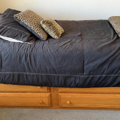 Twin Bed Set - Wooden Frame With 4 Drawers + Mattress, Comforter, Pillows, Blanket