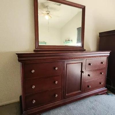 Beautiful Long Dresser with Mirror on Top, Dark Wood, 6 Drawer, 1 Cabinet 