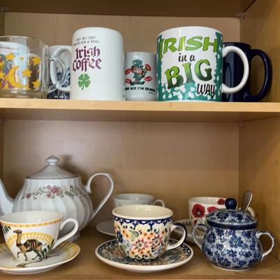 Tea And Coffee - Teapot And Coffee And Tea Cups With Blue Floral Sugar Dish