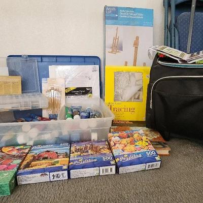 Variety Of Art Supplies, Pizzles, Rolling Scrapbook Organizer, Paints, Brushes Canvases, Stand