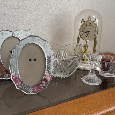 Very Pretty Glass Decor - Etched Glass Frames, Seth Thomas Clock, Glass Bowl And Candle Holders