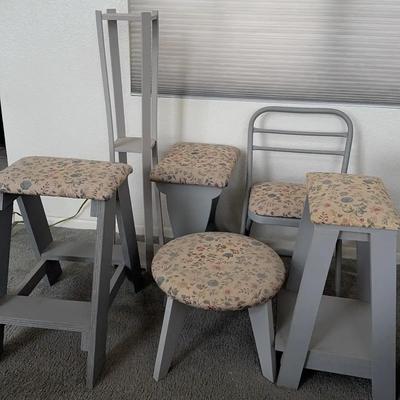 Matching Set - Gray Wood, Floral Fabric Stools And Chair