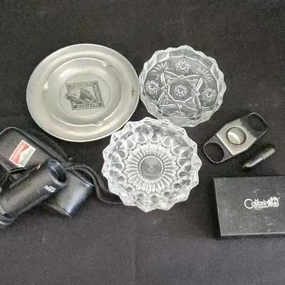 3 Ornate Glass Clear Ash Trays And Cigar Clipper