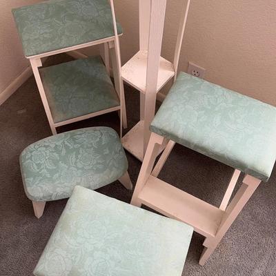 Teal Floral Padded Stools On White Wood