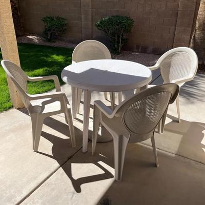 Plastic Patio Table + 4 Chairs + Umbrella Stand