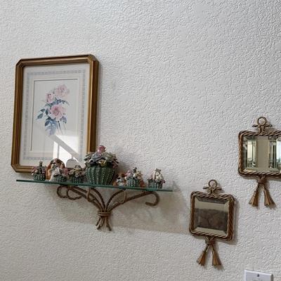 Wall Decor - Gold Frame, Small Gold Mirrors , Wall Shelf, Cactus And Puppies