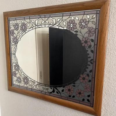 Floral Wall Mirror In Light Oak Wood Frame - Frosted Glass with Pink Floral Pattern