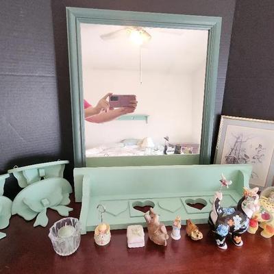 Green Collection Of Decor, Shelves, Cat Figurines, Mirror, Duck Picture 