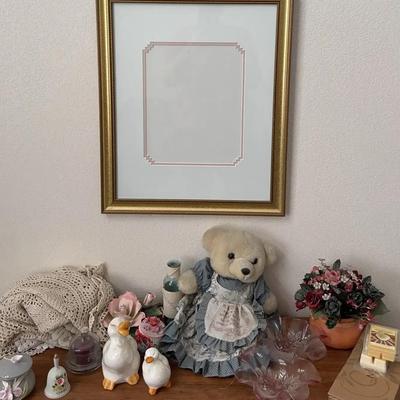 Decor! Gold Wall Frame, Stuffed Country Bear, Pink Glass, Ducks Figures, And More!