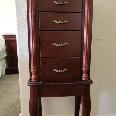 Tall Jewelry Box Stand, Dark Wood, 4 Drawers , 2 Side Cabinets, 35" Tall