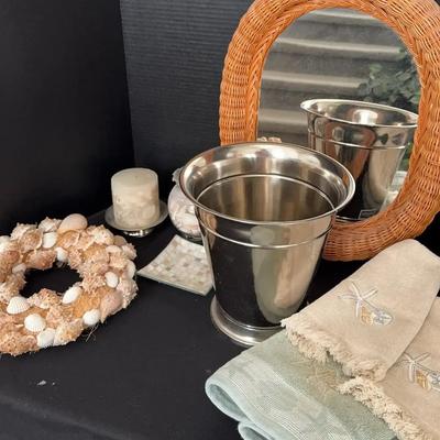 Bathroom Shell Decor - Shell Wreath, Light Blue Mirror, Many Cute Beach Theme Pieces