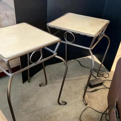 Set Of 2 Side Tables - Metal Legs, Cream Tan Top - Ornate Legs