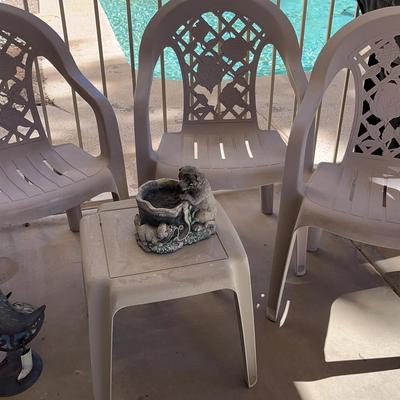 3 Tan Plastic Patio Chairs + Small Table + Metal Rainy Duck & Dog Decor