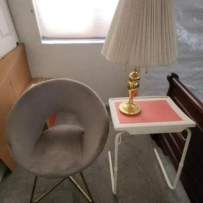 Sit Back & Relax, Gray Chair, Gold Lamp, White Adjustable Tablemate Ii