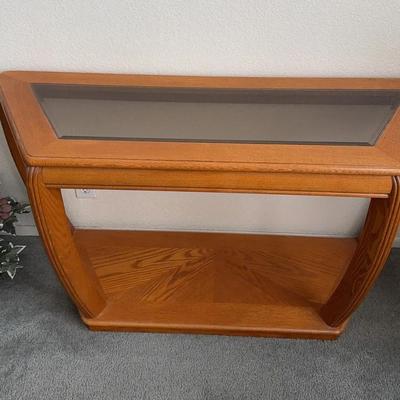 Oak Wood Entry Accent Table With Glass Top