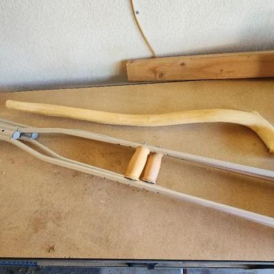 Pair of Crutches And Handcrafted Light Color Wooden Cane