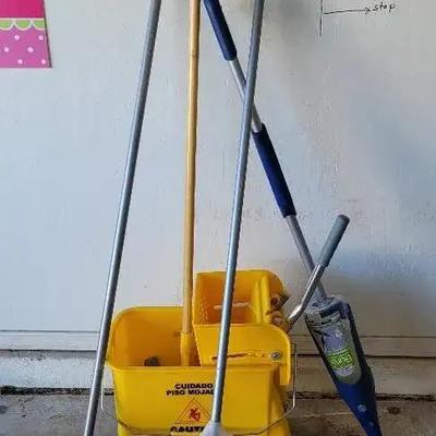 Yellow Rolling Mop Bucket & Floor Cleaning Supplies 