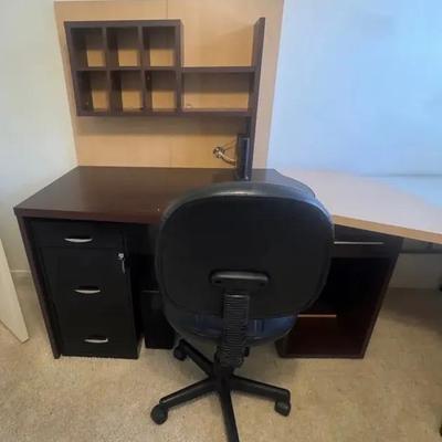Two Toned Composite Wood Office Desk, Chair, File Cabinet W/ Key And Trash Bini