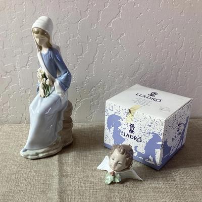 Lladro Figurines (Seraph With Holly, And Girl Sitting With Calla Lilies)