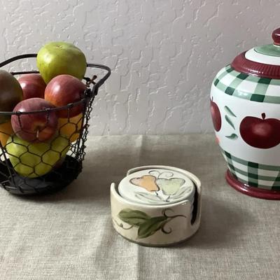 Vintage Fruit Decor -Coasters, Faux Fruit in Wire Basket and Ceramic Jar w/Lid