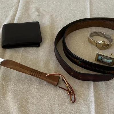  Vintage Lord Elgin Watch, Carlo Amboldi Leather Wallet, Vintage Leather/Stone Belt, And Shoe Horn