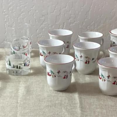 Painted Christmas Glasses, Christmas Teapot, Sugar, Cream And Mug Set