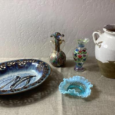 Handpainted Decor And More (Pottery, Glass And A  Vintage Fenton Blue Opalescent Dish)