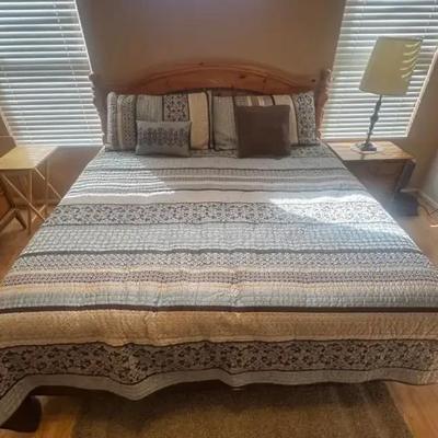 King Size Bed with Mattress, Bedding, And Headboard