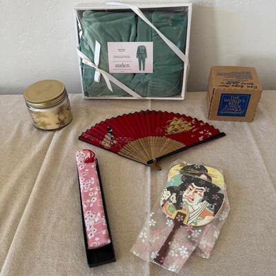 Ladies PJ’s (L), 2 Candles, Chinese Fans (All New)