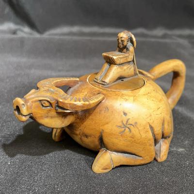 Vintage, hand carved Soapstone Teapot: Water Buffalo with rider
