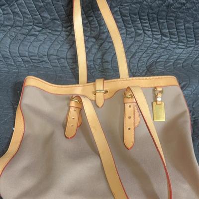 Dooney & Bourke Beige Canvas Tan Leather Double Handle Shoulder Tote Purse Bag