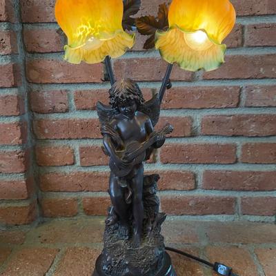 Art Nouveau Bronze-Style Cherub Lamp with Two Amber Glass Shades