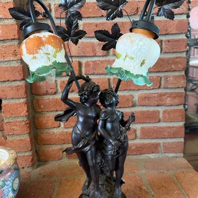 Art Nouveau Style Bronze Style  Cherub Lamp with White & Green Glass Shades