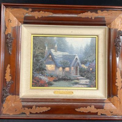 Thomas Kinkade "Cedar Nook Cottage" print in a damaged ornate frame