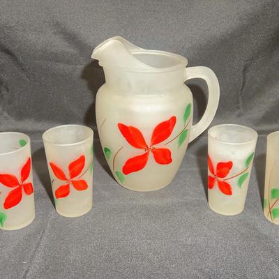 Vintage Frosted Glass Poinsettia pitcher & glasses set