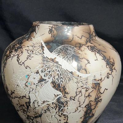Acoma Horsehair pottery vase made by Gary Louis, with etched eagle and turquiose accents