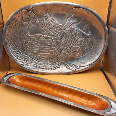 Vandor Imports Pewter Tray and Julia Knight Enamel Serving Tray Set