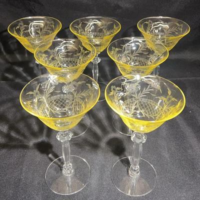 Set of Yellow Etched Floral Wine Glasses 