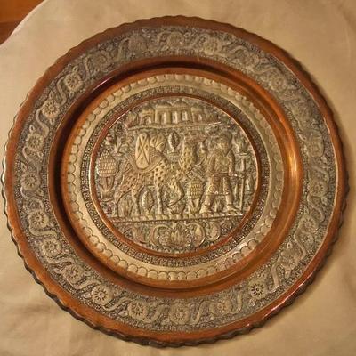 Vintage Middle Eastern Brass and Copper Wall Plate with Camel and Traveler Scene