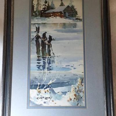 Robert Landry Framed Watercolor “Cabin by the Lake”