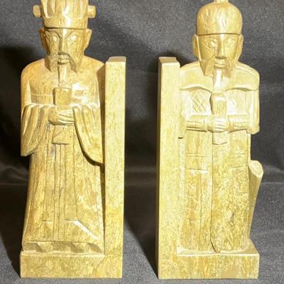 Vintage carved Soapstone scholar-warrior Bookends 