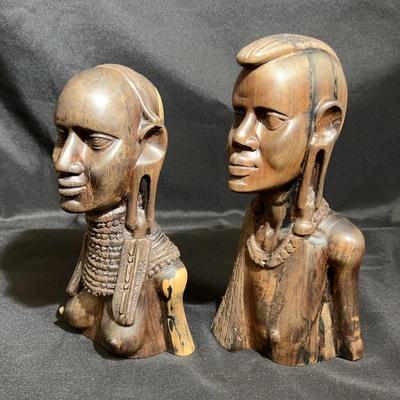 Pair of mid-20th century hand-carved African busts signed by Nzambu