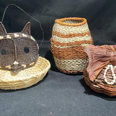 Woven baskets and owl mask by Maui artist Suzanne Brown