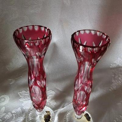Pair of Beyer Bleikristall Ruby Cut to Clear Crystal Vases
