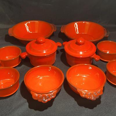 Mid Century Modern orange ceramic dinnerware w/ serving dishes