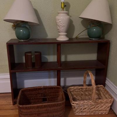 Bookshelf With Lamps, Bookends, & Baskets 