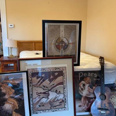 Vintage Nylon String Guitar & Assortment Of Vintage Art